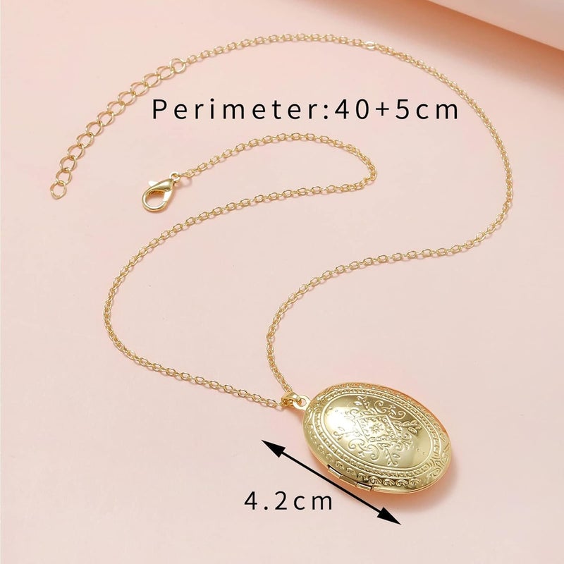 SCRDPRAD Vintage Engraved Flower Empaistic Photo Locket Hold Picture Oval Round Pendant Necklace Antique Carved Pattern Souvenir Memorial Clavicle Sweet Jewelry for Women - Image 4